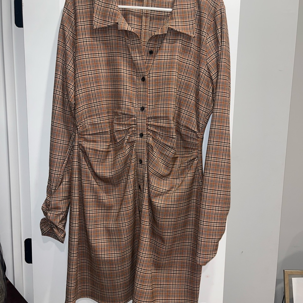 Zara Brown Plaid Long Sleeve Shirt Dress With cinched waist- XXL